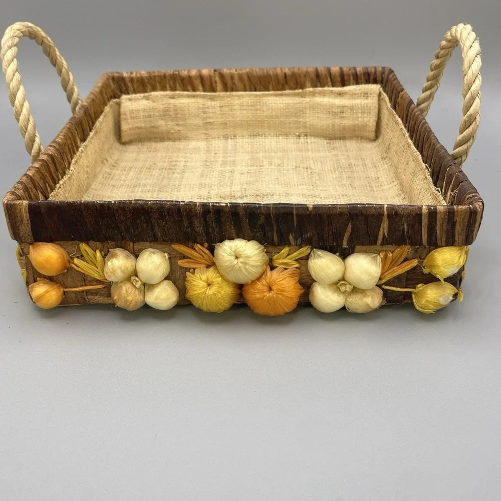 Vtg Hand Made Woven Straw Raffia Basket Lined 3D Handles Boho Retro‎ Square